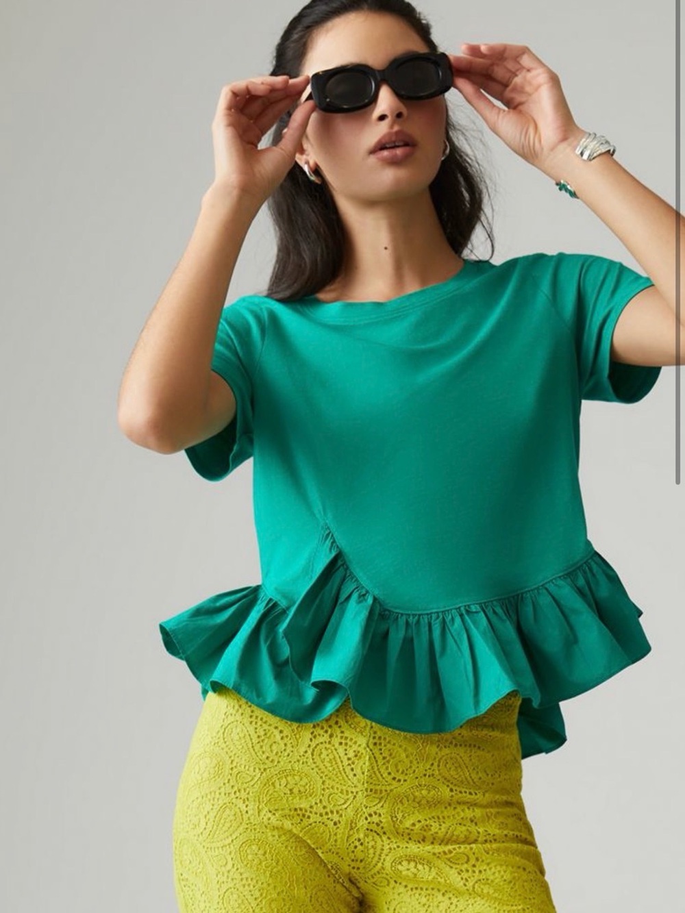 Peplum Short-Sleeve Top in Teal Green